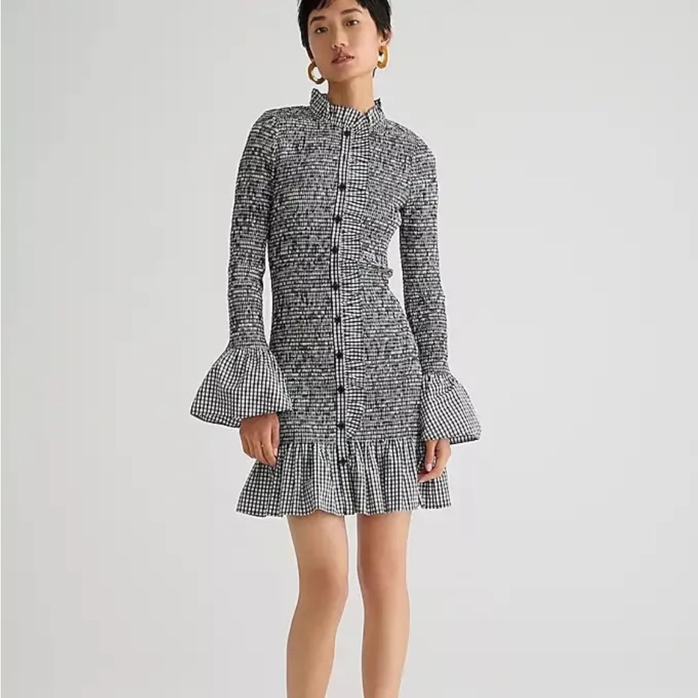 J.crew smocked gingham button up mini dress organic cotton